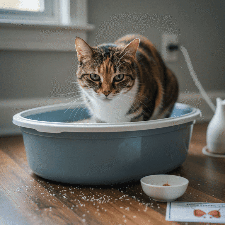 Tabby cat sitting in a litter box with scattered litter, next to a white supplement bottle and a pamphlet about Feline Cystitis/urinary health.