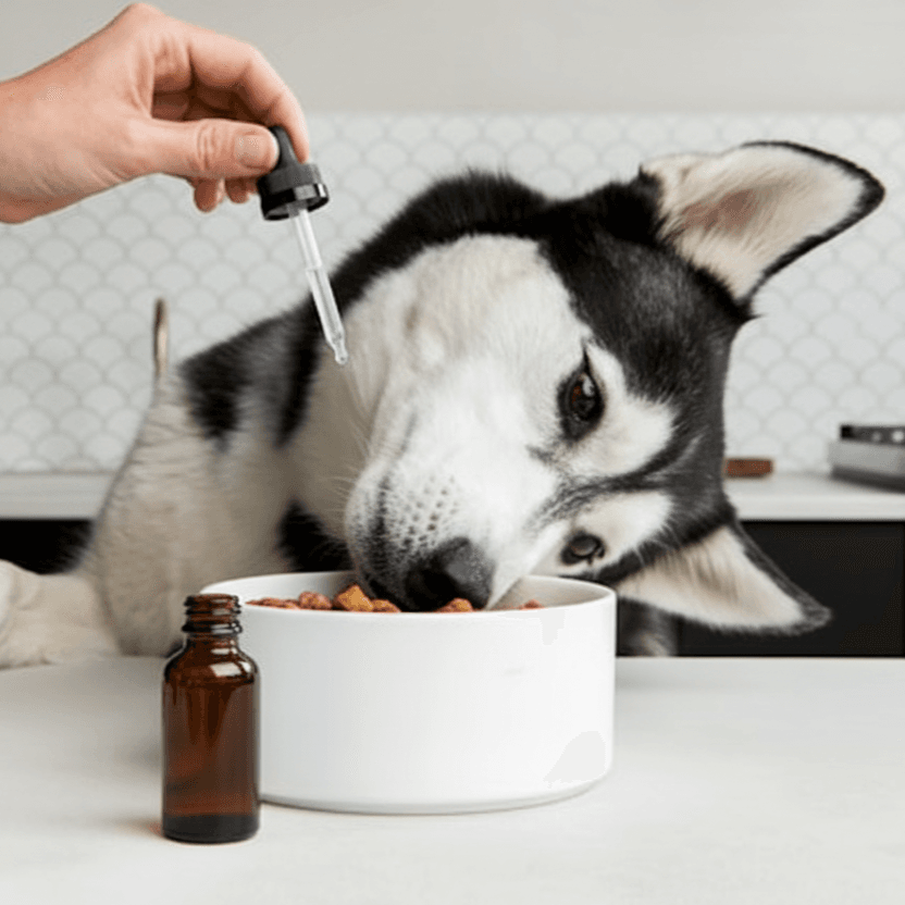Owner using a dropper to add liquid supplement oil to a Siberian Husky's food bowl in a kitchen setting.
