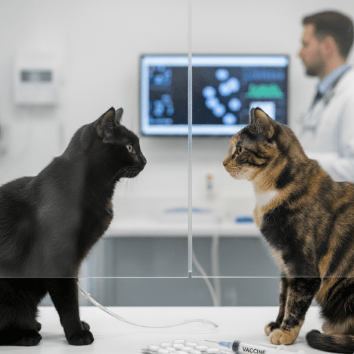Two cats, one black and one tabby, sitting opposite each other in a veterinary clinic, separated by a glass or plastic divider, with a blurred veterinarian and medical screen in the background.