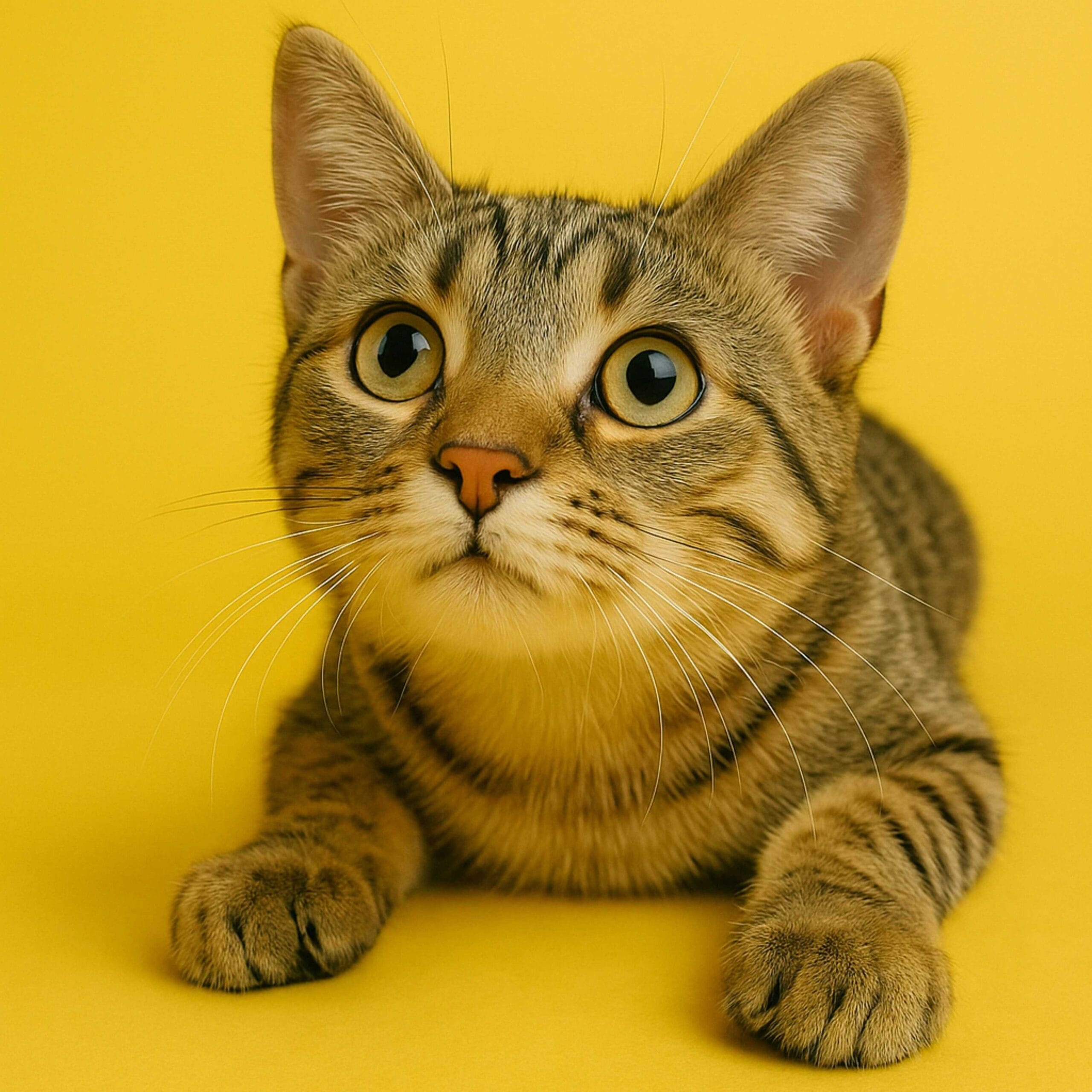 Close-up of a tabby cat lying down on a yellow background, looking directly at the camera with wide, alert eyes, suggesting attention and interaction.