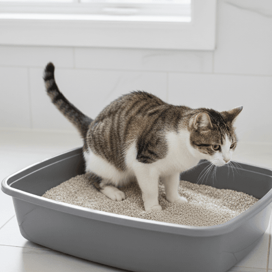 Tabby and white cat scratching or digging in a traditional litter box, indicating urination activity or an issue with the litter box.