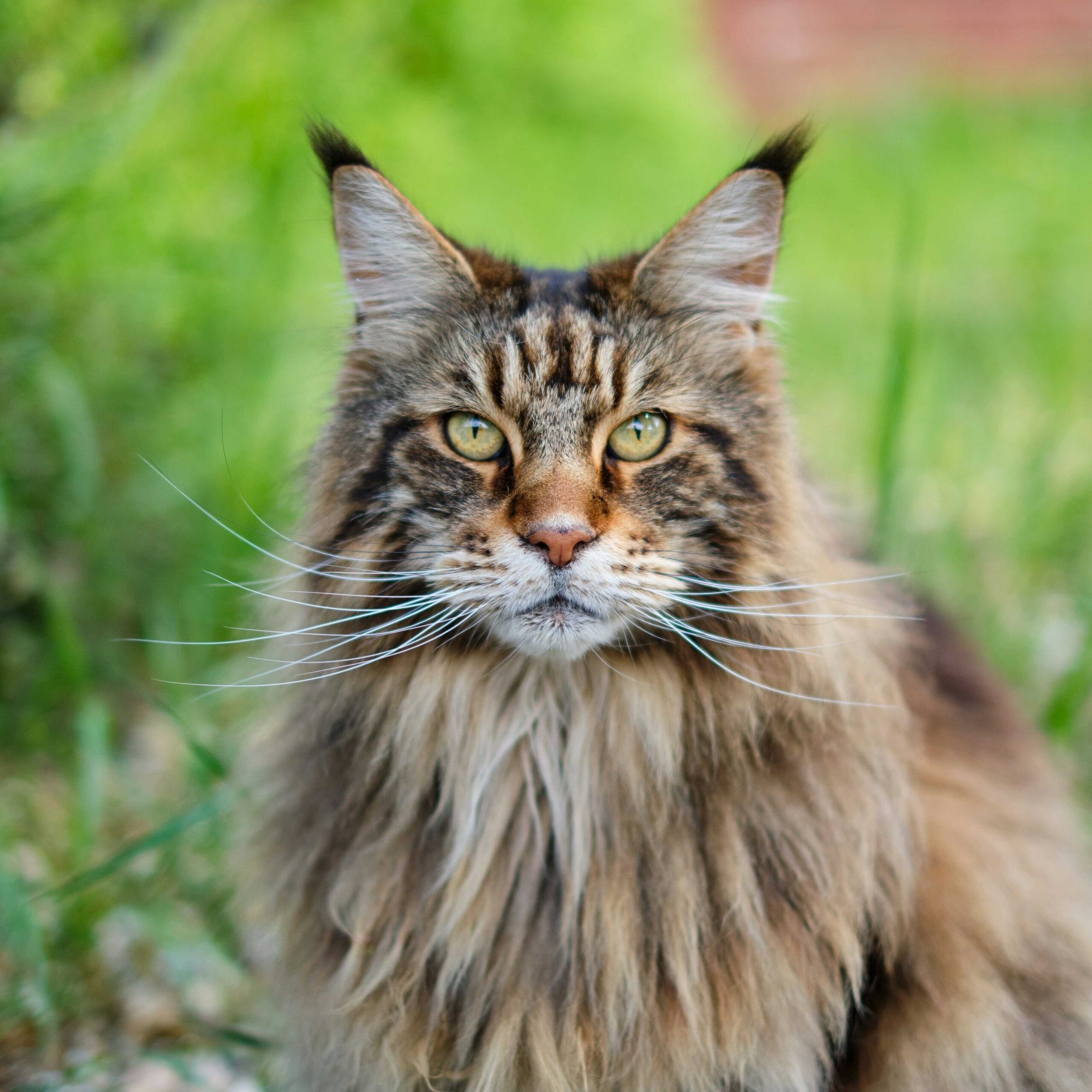 Headshot of a majestic Maine Coon cat with a long, dense brown tabby coat, long whiskers, and prominent ear tufts.