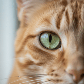 Extreme close-up of the face of an orange tabby cat, focusing on one bright green eye and surrounding fur and whiskers.