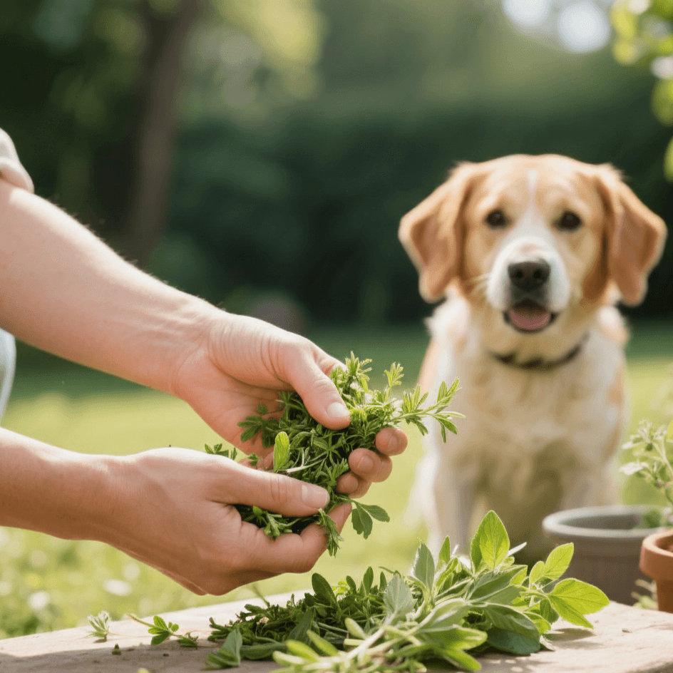 A person's hands holding fresh green herbs, symbolizing natural remedies, with a happy, attentive dog looking on in the sunny background, representing holistic and integrative veterinary wellness.